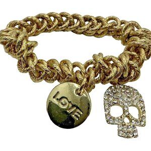 Skull Love Charm Bracelet Stretch Chunky Links Gold Tone Small Rhinestones